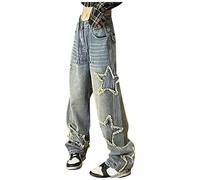 2025 Jeans Taille Haute Minceur Jambe Droite Ample Étoile Patch High Street Pantalon Large avec Trous Femmes Noir, bleu, S