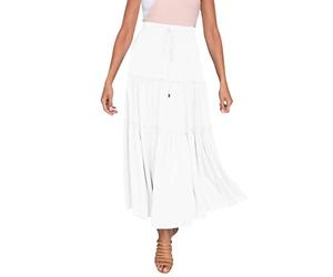 2025 Jupe maxi élastique bohème taille haute pour femmes volants ligne A longues jupes swing cargo longueur genou, Blanc., M