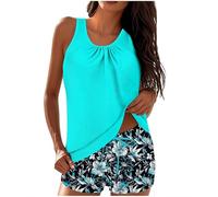 2025 Maillot de Bain Deux Pièces pour Femmes Maillot de Bain Tankini Vintage Imprimé Hawaïen et Short de Bain Taille Haute 2 Pieces Tankini Shorty Sexy Col en Rond Swimwear Bikini Pas Cher