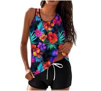 2025 Maillot de Bain Deux Pièces pour Femmes Maillot de Bain Tankini Vintage Imprimé Hawaïen et Short de Bain Taille Haute 2 Pieces Tankini Shorty Sexy Col en Rond Swimwear Bikini Pas Cher