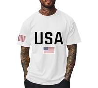 2025 Mens Independence Day Happy 4th of July T-shirt pour homme USA Vintage Streetwear Coton Imprimé Hauts T-shirt Hommes Sportshirts Col Rond Manches Courtes T-shirt d'été, Blanc., XL