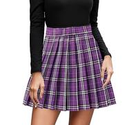 2025 Mini jupe trapèze plissée décontractée à carreaux pour femme taille haute noire à pois, lilas, L