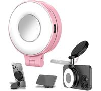 2025 New 3-in-1 Magnetic Beauty Selfie Light for Phones, Rechargeable 360° LED Selfie Ring Fill Light with Mirror, for Makeup/Selfies/Video Recording (Pink)