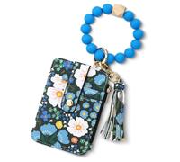 2025 New Women's Boho Style Beaded & Tassel Decorated Keychain with Flower Pattern Wallet, Wristlet Key Chain for Women (Blue)