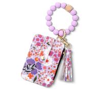 2025 New Women's Boho Style Beaded & Tassel Decorated Keychain with Flower Pattern Wallet, Wristlet Key Chain for Women (Purple)