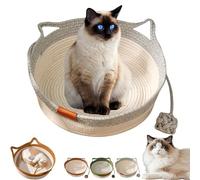 2025 New Woven Rope Cat Basket, Hand Woven Rope Cat Bed with Ball Toy, Breathable & Easy to Clean, Protects Furniture, 13” /16” /18” Cat Basket Suitable for All Cats (Gray,Large)
