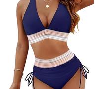 2025 Nouve Maillot Femme, Ensembles De Bikini Taille Haute Gainant Le Ventre À Blocs De Couleurs,Sexy D'Été Bikini Femme 2 Pieces (FR/ES, Alpha/Lettres, TTG, Taille Normale, Taille Normale, Marine)