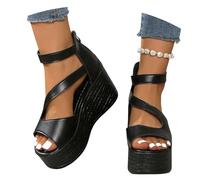 2025 Nouveau Sandales Creuses Sandales Compensées D'été for Femmes Sandales De Mariée Rétro Talons Hauts À Plateforme Chaussures De Soirée À Bout Ouvert avec Fermeture Éclair(Black,42 EU)
