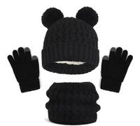 2025 Nouveaux Enfants Bonnet Hiver Gants Écharpe Ensemble 2025 Nouveaux Filles Tout-petits 2025 Nouveaux Enfants Chapeaux avec Pom Tricot Cache-cou Guêtres Moufles Doublure Polaire Ensemble, Noir , 1