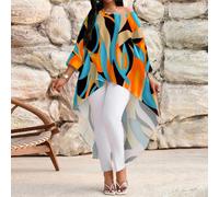2025 Nouveaux T-shirts et blouses d'été élégants pour le bureau et les sorties, style bohème coloré, col rond, manches 3/4, coupe asymétrique, grande taille. Hauts de travail, de plage et de vacances 