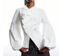 2025 Nouvelle arrivée Minimalisme Automne Hiver Femmes Couleur unie Volant Manche Bouffante Mode Blouse Chemise à volants Manche Lanterne Blouse Manche Bouffante Blouses Blanches Élégante Blouse Blanc