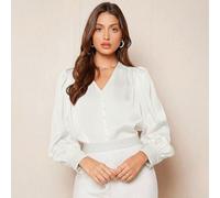2025 Nouvelle chemise blanche pour femmes à col V et boutons devant pour l'automne/hiver. Style élégant et moderne, tenue de bureau casual chic. Style romantique intemporel et classique, convient pour