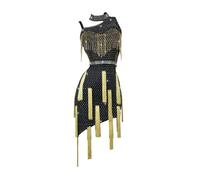 2025 Nouvelle Robe Latine Noire, Costume De Performance sans Manches Et Dos Nu pour Femme Tenue D'entraînement Tendance À Pompons Et Strass pour Salsa Rumba Cha-Cha Samba Tango,Noir,S
