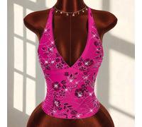 2025 Nouvelle tenue d'été de vacances, débardeur décontracté sexy pour femmes à col V profond avec broderie et perles, convient pour une fête de rentrée scolaire L,M,S,XS,XXSImprimés aléatoiresSequins
