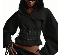 2025 Nouvelle veste noire minimaliste et pour femmes en automne, avec un design exagéré et une capuche oversize. Veste bomber à manches longues, costume d'Halloween, tenue casual chic, retour à l'écol
