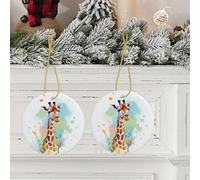 2025 Ornement de Noël drôle en céramique Girafe Art Illustration Sapin de Noël Décoration à suspendre Ornements suspendus Rond Porcelaine Pendentif Noël Souvenir pour les vacances Décoration