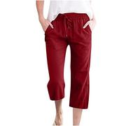 2025 Pantacourt Lin Femme Ete Solde Pantacourts en Coton et Lin Femmes Chic Pantalon Detente Taille Elastique Pantalons De Jogging à Cordon Couleur Unie 3/4 Pant Confortable Pants de Plage Léger