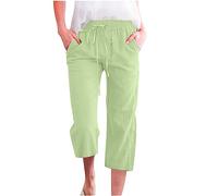 2025 Pantacourt Lin Femme Ete Solde Pantacourts en Coton et Lin Femmes Chic Pantalon Detente Taille Elastique Pantalons De Jogging à Cordon Couleur Unie 3/4 Pant Confortable Pants de Plage Léger