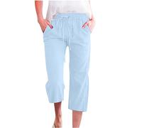 2025 Pantacourt Lin Femme Ete Solde Pantacourts en Coton et Lin Femmes Chic Pantalon Detente Taille Elastique Pantalons De Jogging à Cordon Couleur Unie 3/4 Pant Confortable Pants de Plage Léger