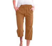 2025 Pantacourt Lin Femme Ete Solde Pantacourts en Coton et Lin Femmes Chic Pantalon Detente Taille Elastique Pantalons De Jogging à Cordon Couleur Unie 3/4 Pant Confortable Pants de Plage Léger