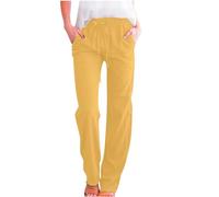 2025 Pantalon Femme Taille Haute Jambe Large Pantalon Décontracté avec Cordon de Serrage Pantalon Élastique Confortable Long Jambe Droit Poches Dames Élégant Avec Soie, jaune, 3XL