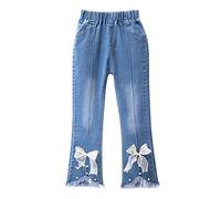 2025 Pantalon Large Enfants Filles Jeans avec Bowknot Pantalons Jambes Large Lâche Pantalon en Denim Évasé Respirant Vêtement de Casual 2-13 Ans