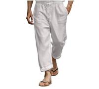 2025 Pantalon Lin Homme Taille Elastique Été Pantalon Coton Lin pour Homme Plage Sport Casual Yoga Toile Pants de Travail Décontracté Léger Coupe Droite avec Cordon de Serrage Poches Pas Cher