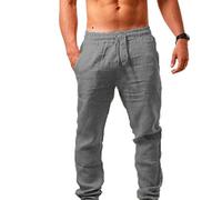 2025 Pantalon Lin Homme Taille Elastique Été Pantalon Coton Lin pour Homme Plage Sport Casual Yoga Toile Pants de Travail Léger Décontracté Coupe Droite avec Cordon de Serrage Poches Pas Cher