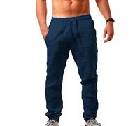 2025 Pantalon Lin Homme Taille Elastique Été Pas Cher Pantalon Coton Lin pour Homme Plage Sport Casual Yoga Pants de Travail Léger Décontracté Coupe Droite avec Cordon de Serrage Poches Couleur Unie