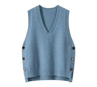 2025 Pull sans Manche Femme Vintage- Gilet Hiver Col V Couleur Unie Casual avec Boutons sur Le CôTé Chic Et Élégants Sweater Slim Classiques Polyvalent Tempérament Chandail