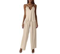 2025 Pyjama Femme Longue Frontière Été Européenne Américaine Dames Pyjamas Pantalons Confortable Décontracté Deux Pièces Lounwear, beige, M