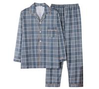 2025 Pyjama pour homme en pur coton tissé à carreaux épais Homewear à manches longues cardigan manteau peignoir, bleu, 3XL