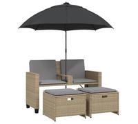 ""2025 Remise""Canapé d'angle extérieur, Canapé de jardin, 2 places avec parasol et tabourets beige rotin - 1parcel SJ5106192