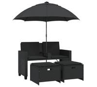 ""2025 Remise""Canapé d'angle extérieur, Canapé de jardin, 2 places avec parasol et tabourets noir rotin - 1parcel SJ8345837