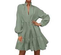 2025 Robe Automne Femme Col en V- Robe Manche Longue Plissée Chic Et Élégants Casual Coupe Ample Couleur Unie Confortable Polyvalent Tempérament Courte Volants Chemise Dress pour Cocktail Fête