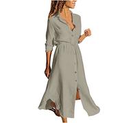 2025 Robe Chemise Longue Robe de Travail Chic et Elegant Décontractée Couleur Unie Robes d Ete Femme Coton et Lin Manche Courte Vêtements Femmes Cotton en Line Max Robes Chemise de Plage Pas Cher