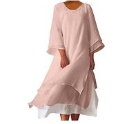 2025 Robe Coton et Lin Robe D'été Femme Manches Longues Couleur Unie pour Longue Robe Col en Rond Ample Elegante Femme Midi-Robe Lâche Respirant Décontractée Pas Cher Tunique Grande Taille