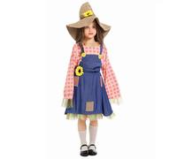 2025 Robe de poupée bleue à carreaux avec patch floral pour deux filles, robe de paille fille rouge (bleu, XL)