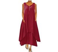 2025 Robe d'ete Femme Coton et Lin 2025 Soldes Robe sans Manches en Lin Boheme Max Dress en Lin Pas Cher Robes ete Mi Longue Fluide Décontractée à col V Robe Longue de Plage pour Le Printemps