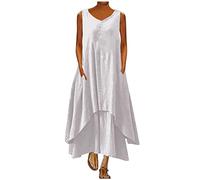 2025 Robe d'ete Femme Coton et Lin 2025 Soldes Robe sans Manches en Lin Boheme Max Dress en Lin Pas Cher Robes ete Mi Longue Fluide Décontractée à col V Robe Longue de Plage pour Le Printemps