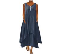 2025 Robe d'ete Femme Coton et Lin 2025 Soldes Robe sans Manches en Lin Boheme Max Dress en Lin Pas Cher Robes ete Mi Longue Fluide Décontractée à col V Robe Longue de Plage pour Le Printemps