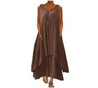 2025 Robe d'ete Femme Coton et Lin 2025 Soldes Robe sans Manches en Lin Boheme Max Dress en Lin Pas Cher Robes ete Mi Longue Fluide Décontractée à col V Robe Longue de Plage pour Le Printemps