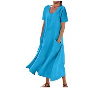 2025 Robe D'été pour Femme Robes en Coton Lin Manches Courtes Robe de Plage Décontractée à Col en Rond Chic et Elegant Jupe Lâche et Respirant Couleur Unie Boho Ete Mi-Longue Dress Robes de Soleil