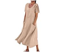 2025 Robe D'été pour Femme Robes en Coton Lin Manches Courtes Robe de Plage Décontractée à Col en Rond Chic et Elegant Jupe Lâche et Respirant Couleur Unie Boho Ete Mi-Longue Dress Robes de Soleil