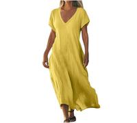 2025 Robe D'été pour Femme Robes en Coton Lin Manches Courtes Robe de Plage Décontractée à Col en V Chic et Elegant Jupe Lâche et Respirant Couleur Unie Boho Ete Mi-Longue Dress Robes de Soleil