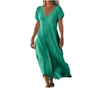 2025 Robe D'été pour Femme Robes en Coton Lin Manches Courtes Robe de Plage Décontractée à Col en V Chic et Elegant Jupe Lâche et Respirant Couleur Unie Boho Ete Mi-Longue Dress Robes de Soleil