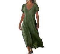 2025 Robe D'été pour Femme Robes en Coton Lin Manches Courtes Robe de Plage Décontractée à Col en V Chic et Elegant Jupe Lâche et Respirant Couleur Unie Boho Ete Mi-Longue Dress Robes de Soleil