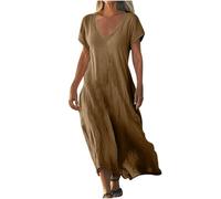 2025 Robe D'été pour Femme Robes en Coton Lin Manches Courtes Robe de Plage Décontractée à Col en V Chic et Elegant Jupe Lâche et Respirant Couleur Unie Boho Ete Mi-Longue Dress Robes de Soleil