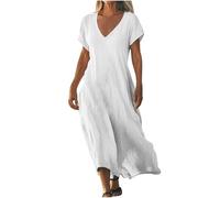 2025 Robe D'été pour Femme Robes en Coton Lin Manches Courtes Robe de Plage Décontractée à Col en V Chic et Elegant Jupe Lâche et Respirant Couleur Unie Boho Ete Mi-Longue Dress Robes de Soleil