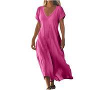2025 Robe D'été pour Femme Robes en Coton Lin Manches Courtes Robe de Plage Décontractée à Col en V Chic et Elegant Jupe Lâche et Respirant Couleur Unie Boho Ete Mi-Longue Dress Robes de Soleil